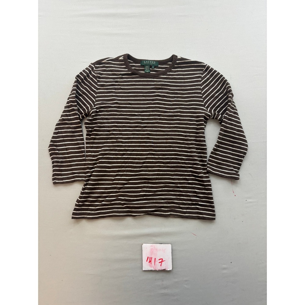 Lauren Ralph Lauren Petite Brown White Striped 3/4 Sleeve Cotton Top Size PS